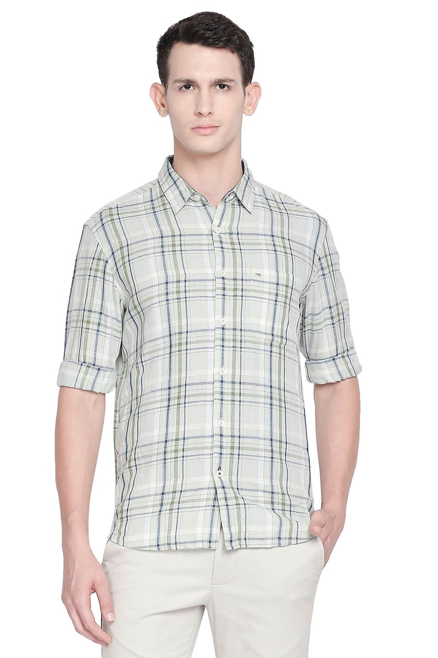 BASICS SLIM FIT SUBTLE GREEN COTTON LINEN CHECKS SHIRT