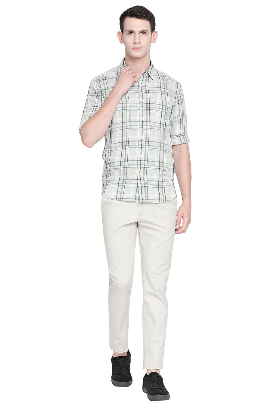 BASICS SLIM FIT SUBTLE GREEN COTTON LINEN CHECKS SHIRT