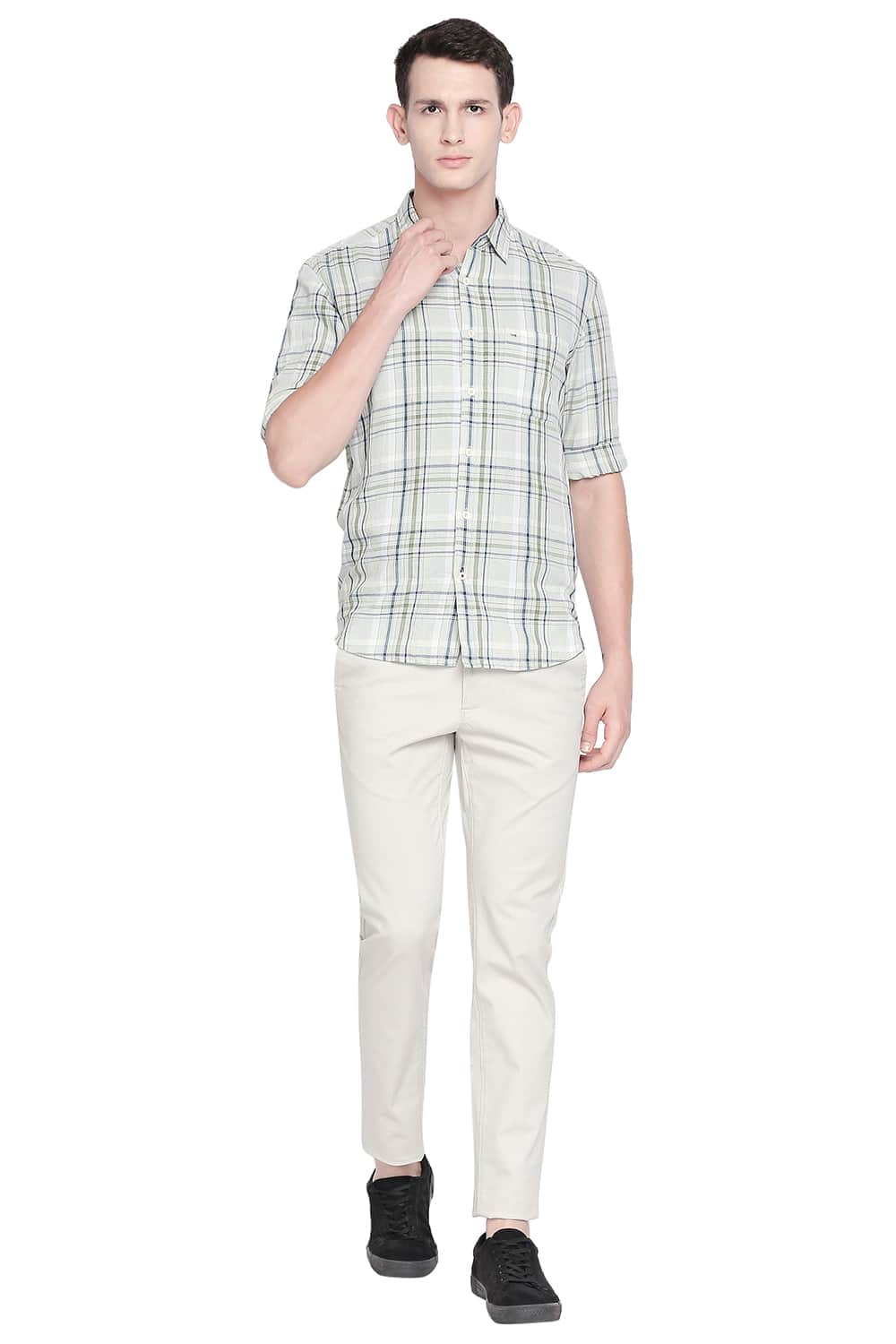 BASICS SLIM FIT COTTON LINEN CHECKS SHIRT