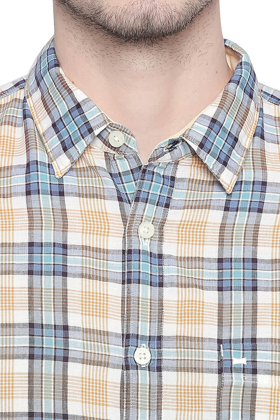 BASICS SLIM FIT MINERAL YELLOW COTTON LINEN CHECKS SHIRT