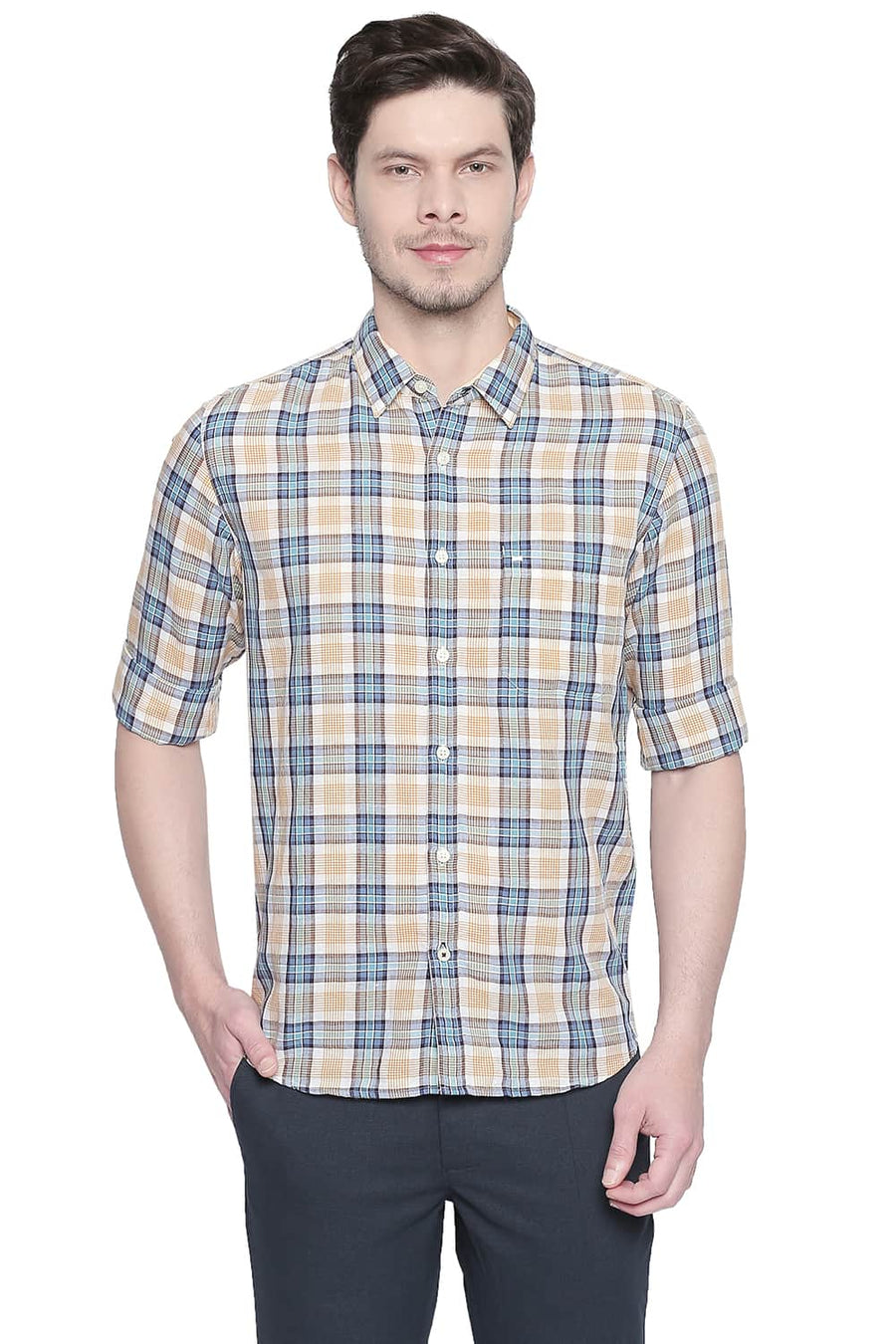BASICS SLIM FIT MINERAL YELLOW COTTON LINEN CHECKS SHIRT