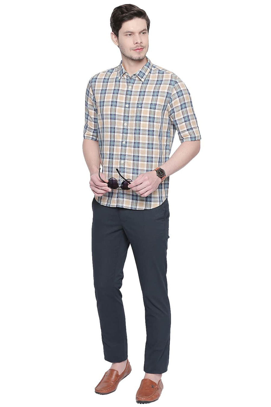 BASICS SLIM FIT MINERAL YELLOW COTTON LINEN CHECKS SHIRT
