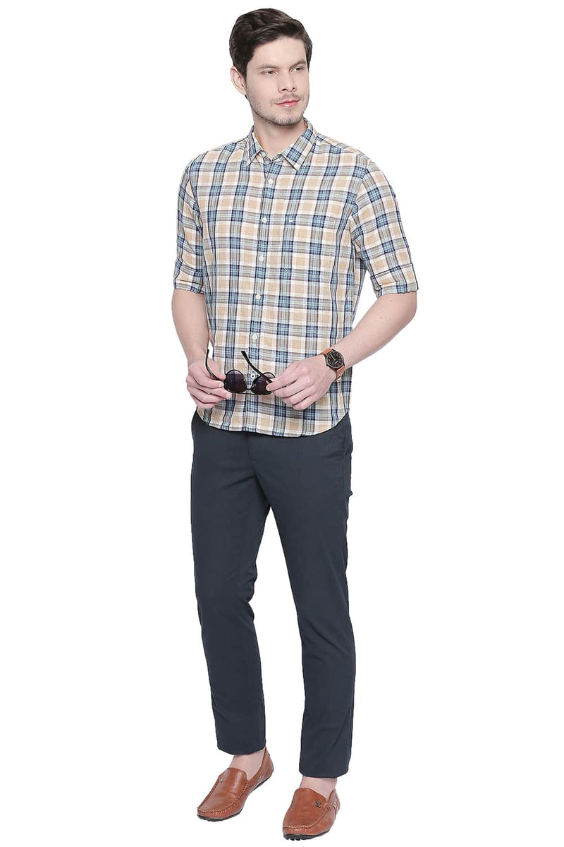 BASICS SLIM FIT COTTON LINEN CHECKS SHIRT