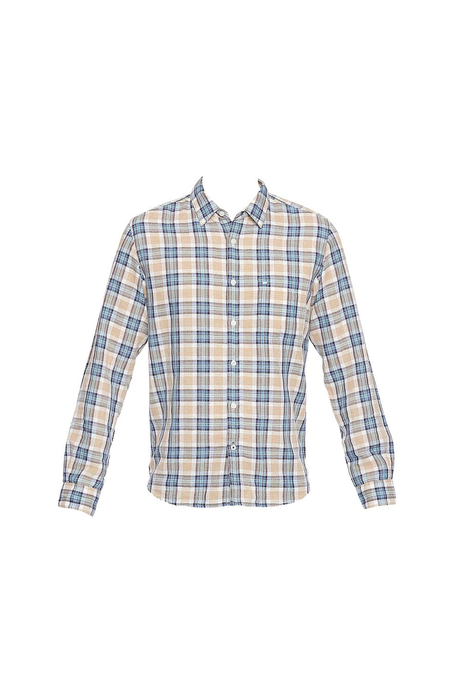 BASICS SLIM FIT MINERAL YELLOW COTTON LINEN CHECKS SHIRT