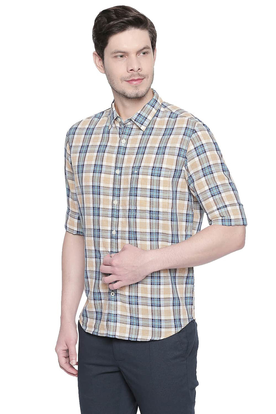 BASICS SLIM FIT MINERAL YELLOW COTTON LINEN CHECKS SHIRT