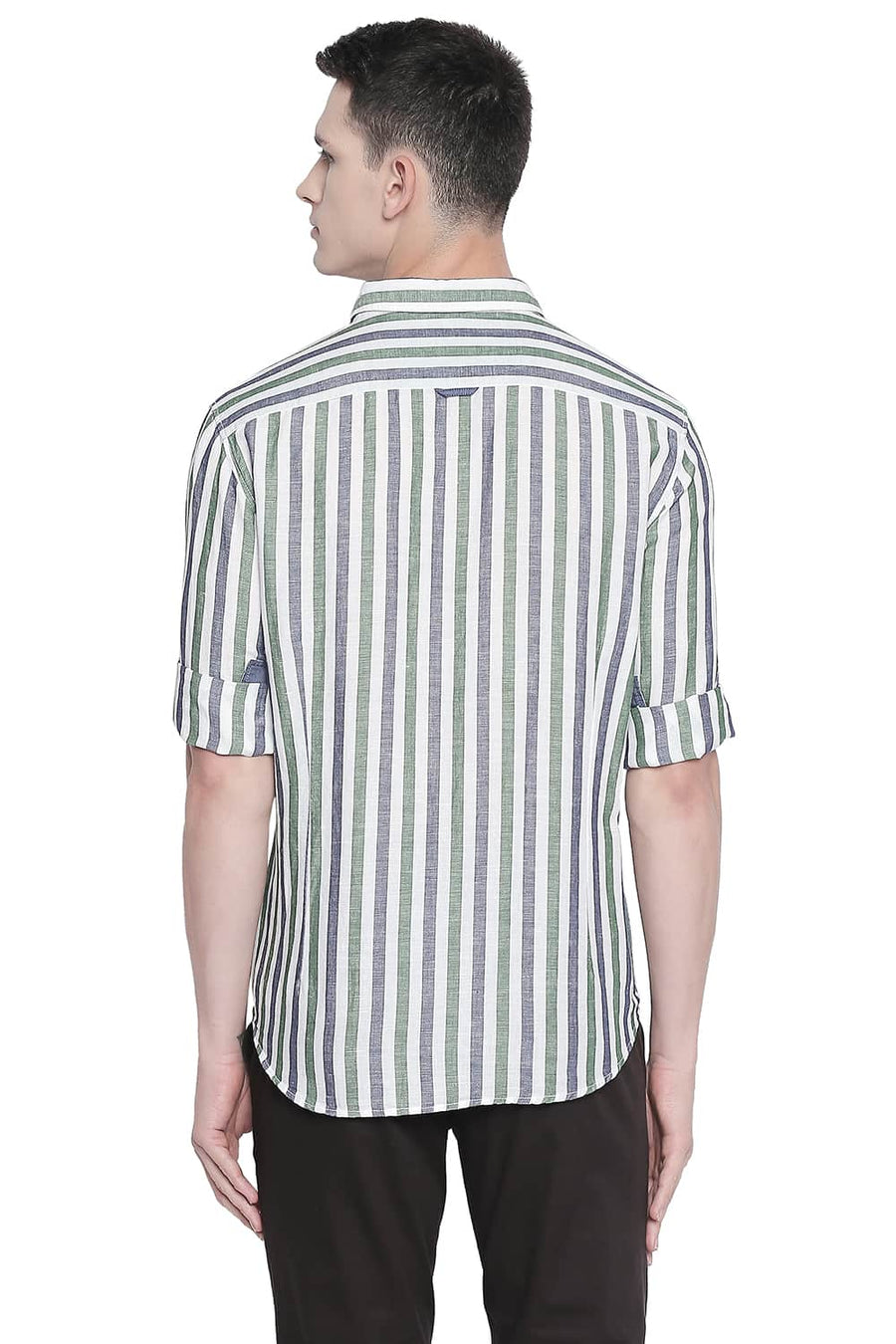 BASICS SLIM FIT ARTICHOKE GREEN COTTON LINEN STRIPES SHIRT
