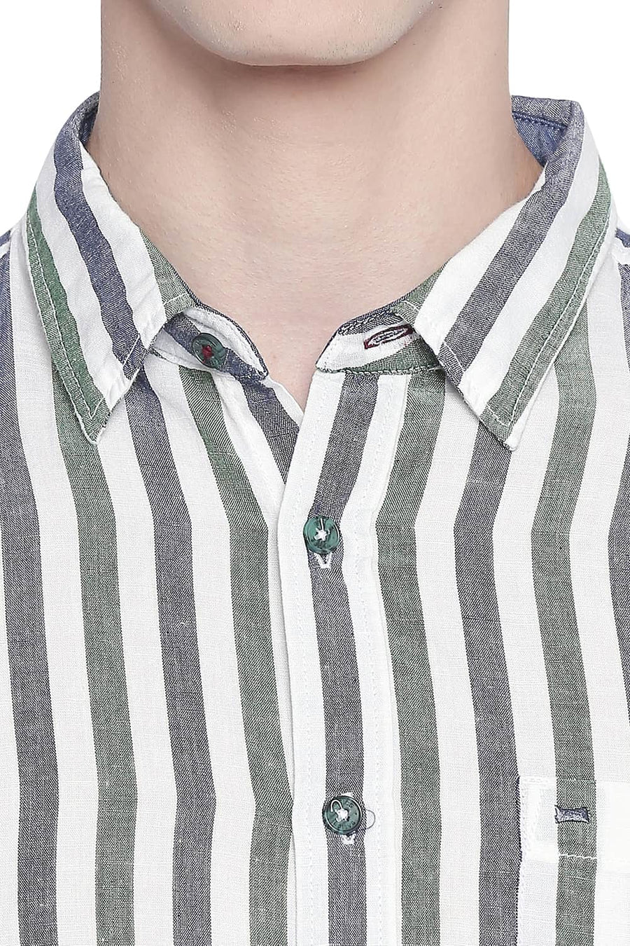 BASICS SLIM FIT ARTICHOKE GREEN COTTON LINEN STRIPES SHIRT