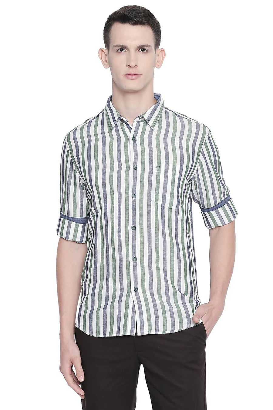 BASICS SLIM FIT ARTICHOKE GREEN COTTON LINEN STRIPES SHIRT