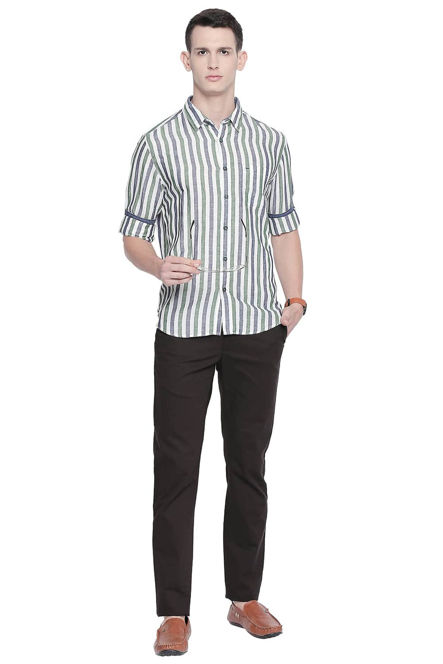 BASICS SLIM FIT ARTICHOKE GREEN COTTON LINEN STRIPES SHIRT