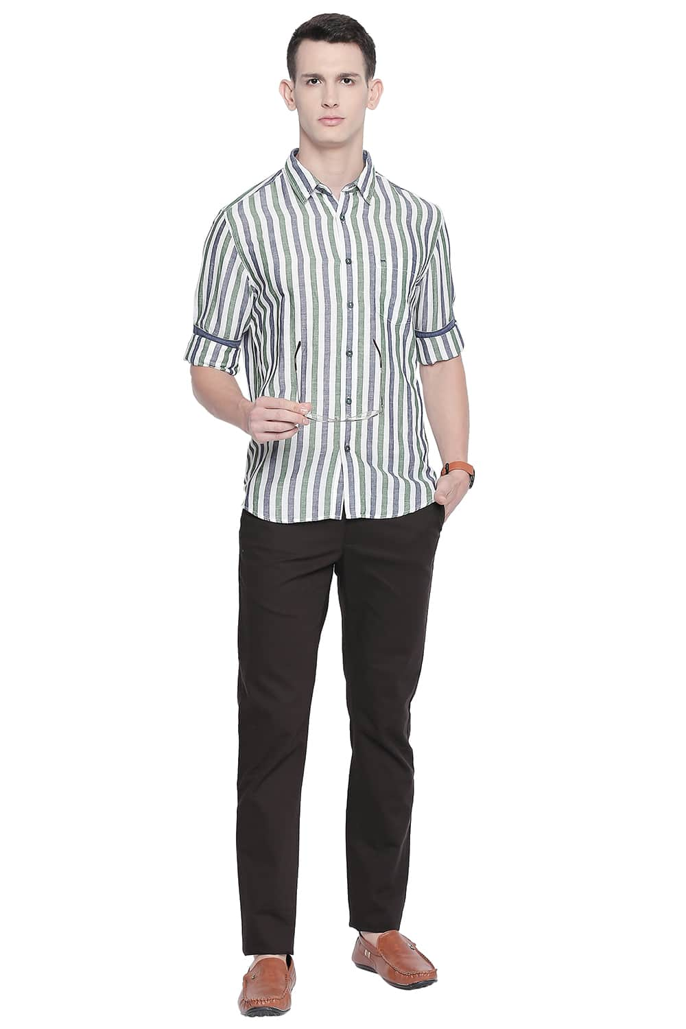 BASICS SLIM FIT COTTON LINEN STRIPES SHIRT