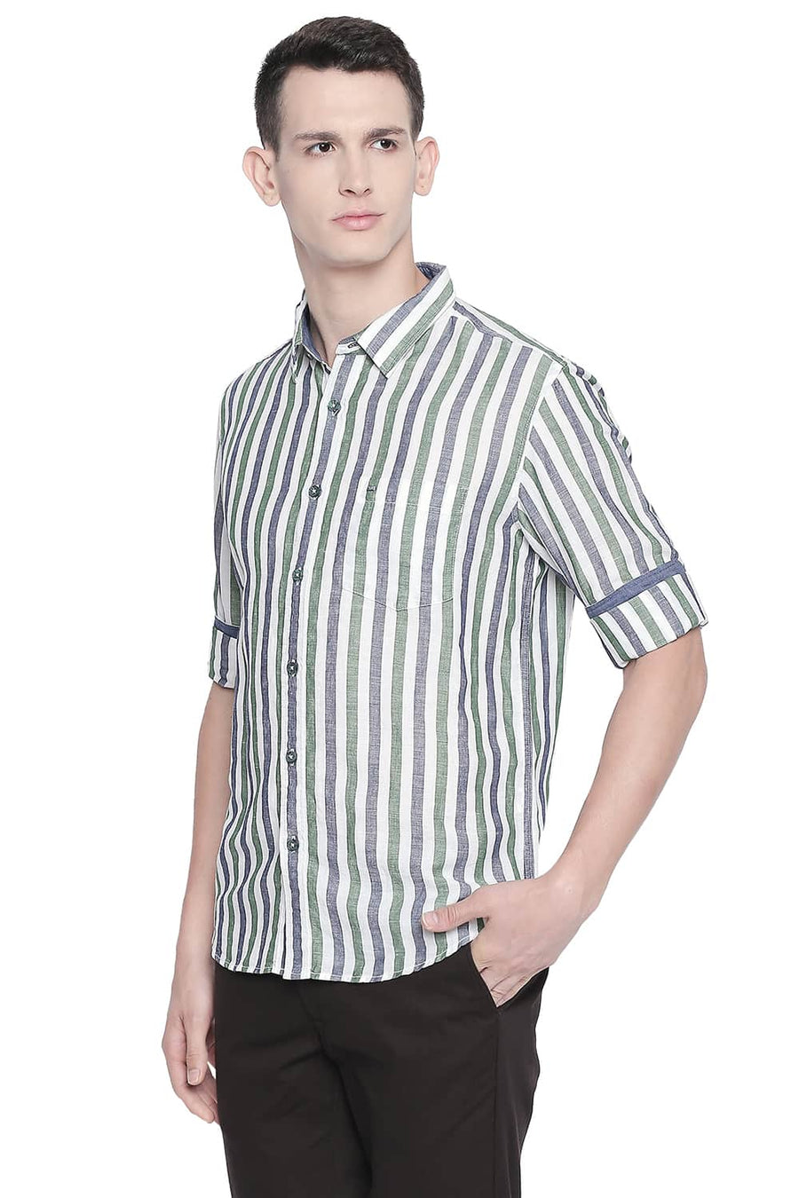 BASICS SLIM FIT ARTICHOKE GREEN COTTON LINEN STRIPES SHIRT