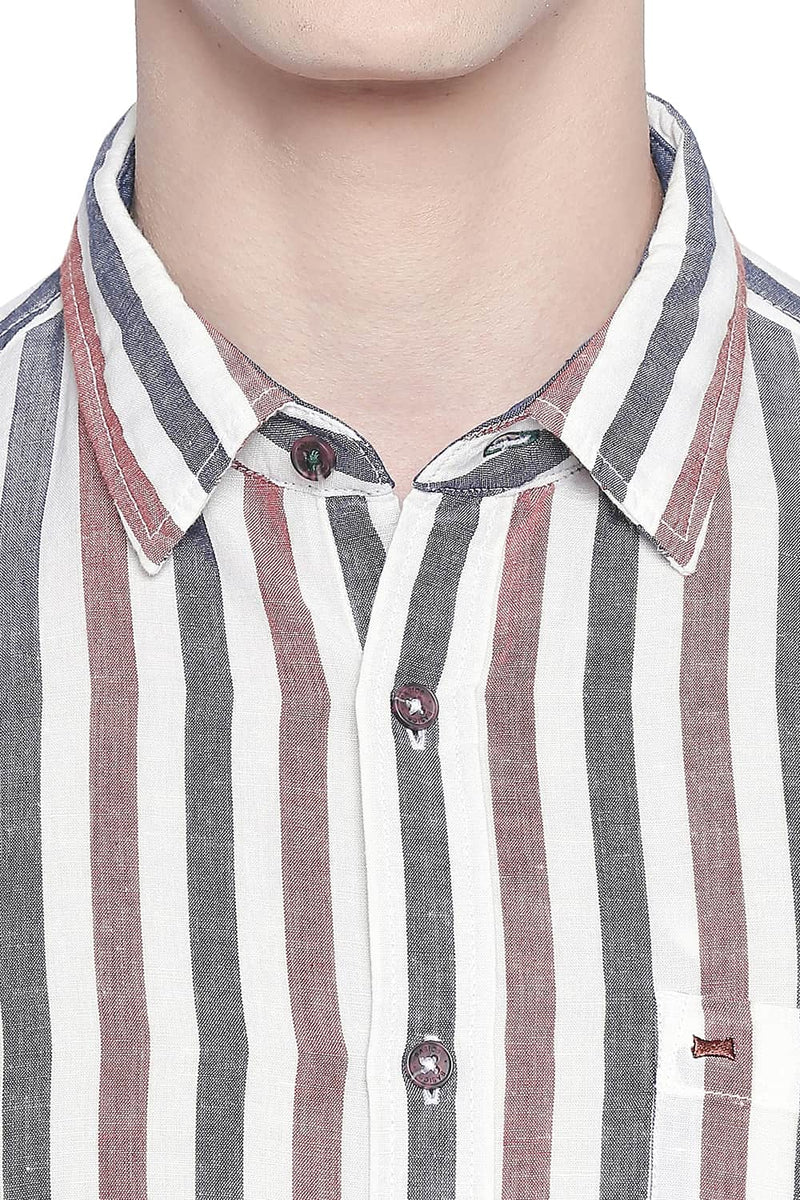 BASICS SLIM FIT COTTON LINEN STRIPES SHIRT