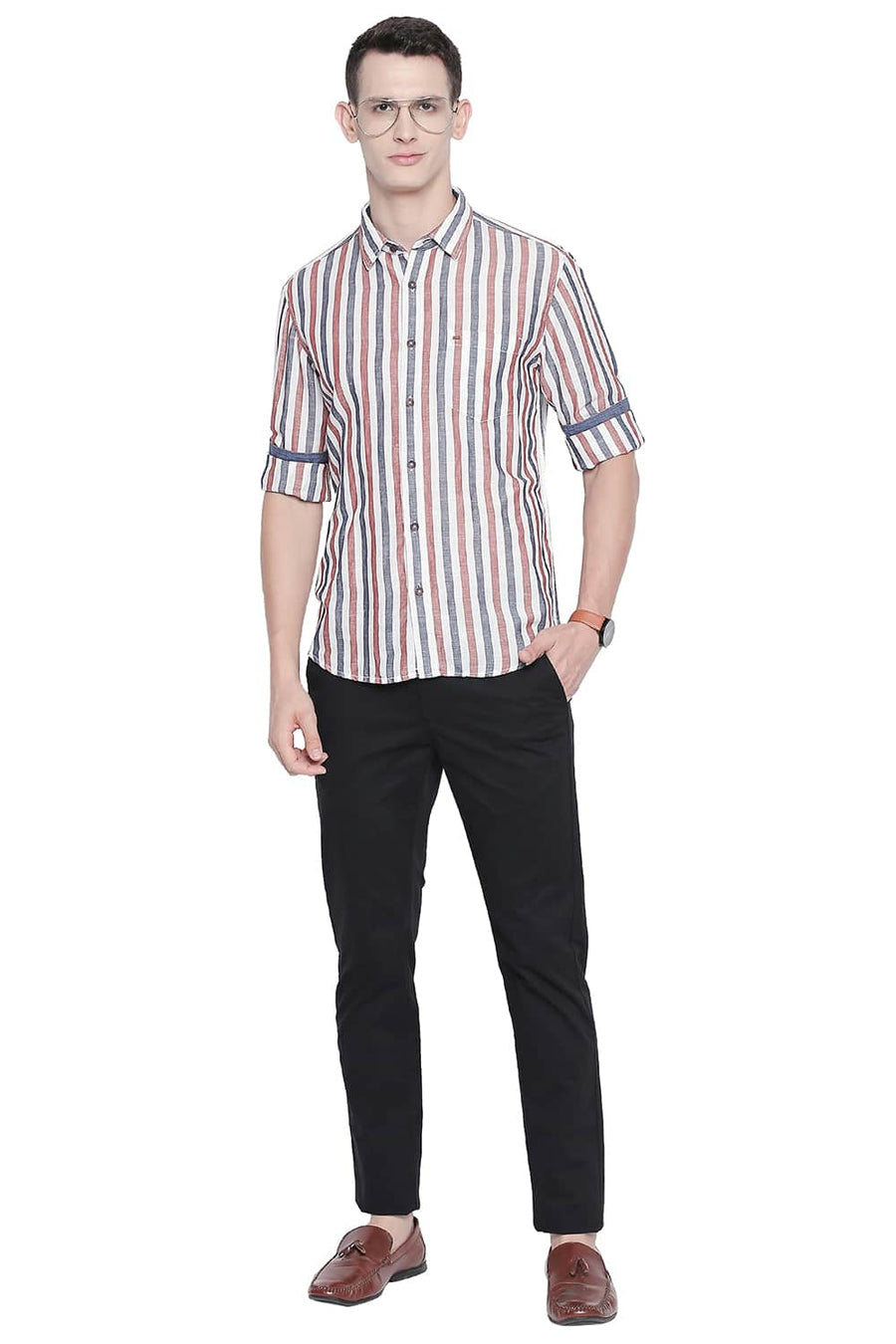 BASICS SLIM FIT AUBURN RED COTTON LINEN STRIPES SHIRT