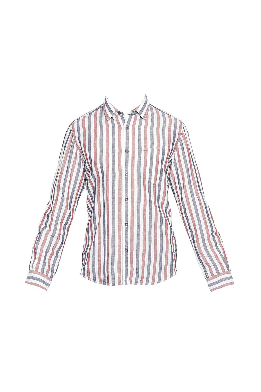 BASICS SLIM FIT AUBURN RED COTTON LINEN STRIPES SHIRT