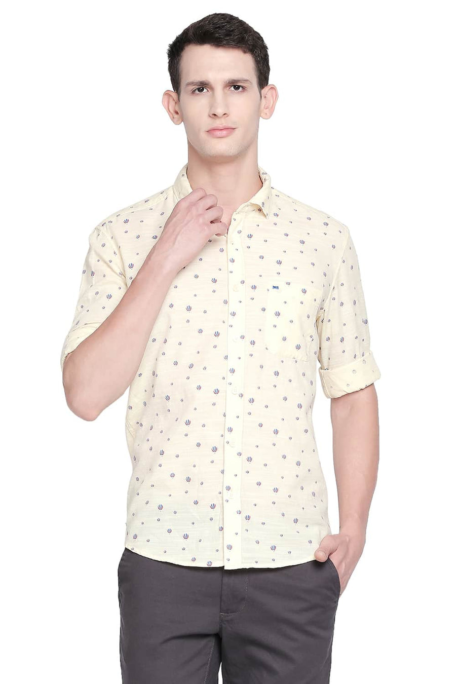 BASICS SLIM FIT PALE YELLOW PRINTED SHIRT