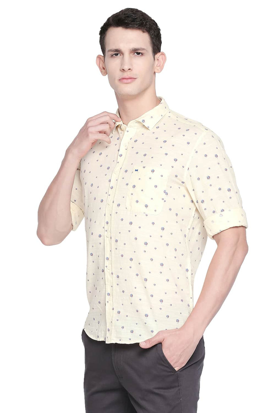 BASICS SLIM FIT PALE YELLOW PRINTED SHIRT