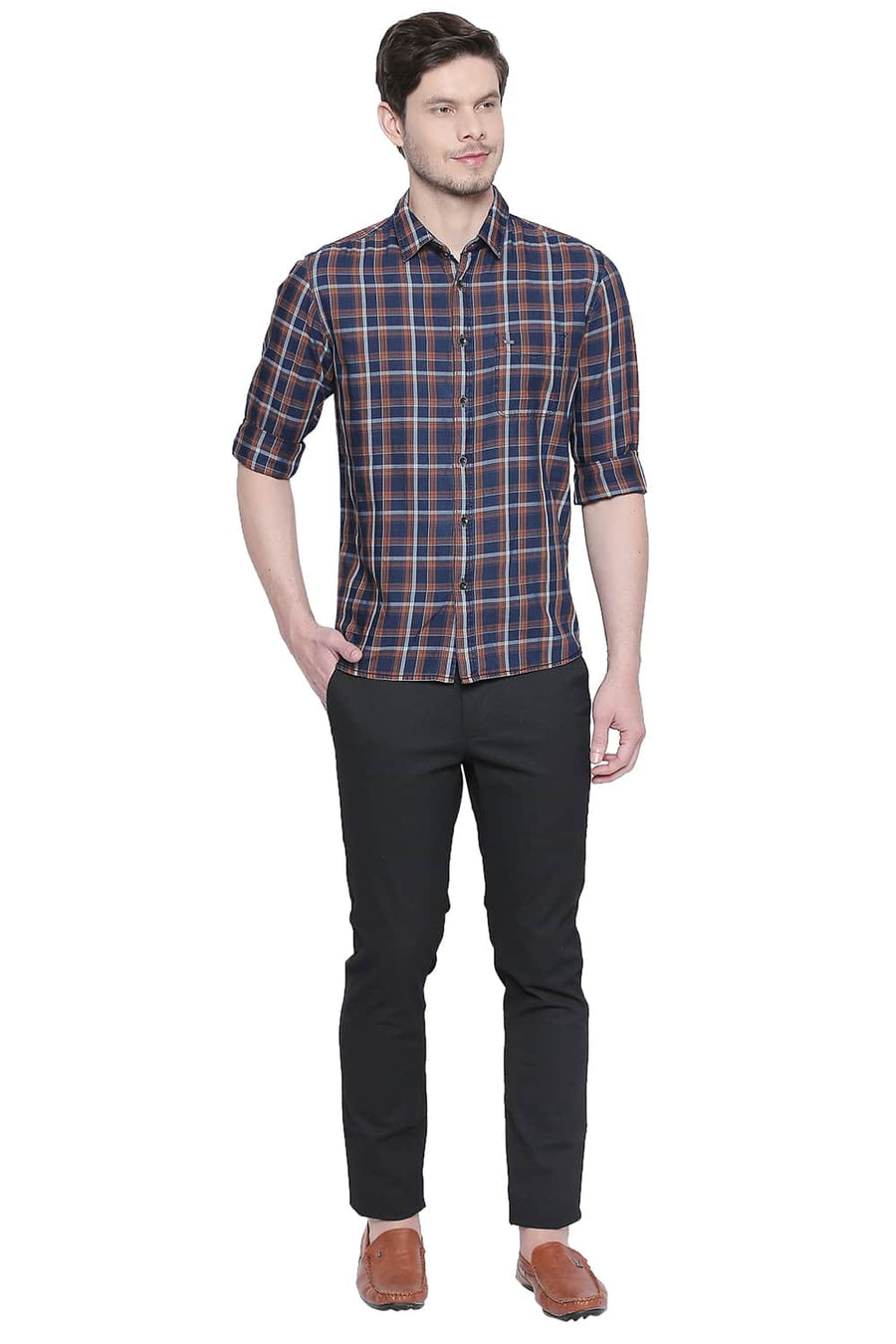BASICS SLIM FIT BRAN BROWN CHECKS SHIRT