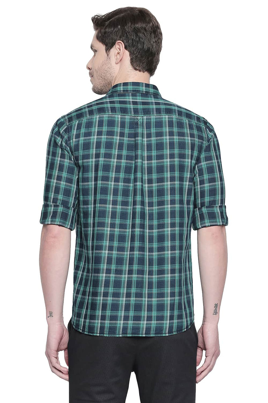 BASICS SLIM FIT SIMPLY GREEN INDIGO CHECKS SHIRT