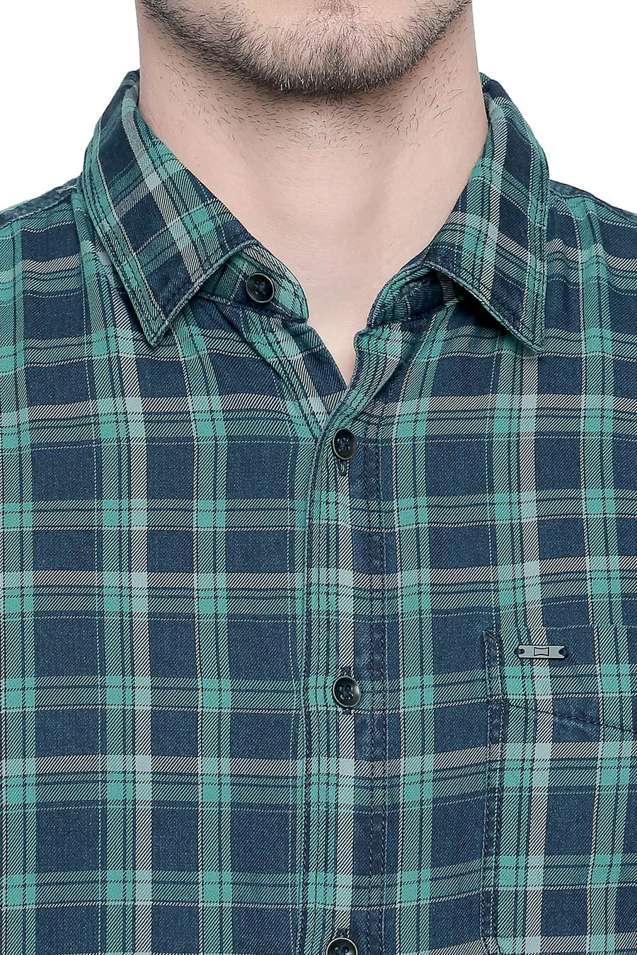 BASICS SLIM FIT SIMPLY GREEN INDIGO CHECKS SHIRT
