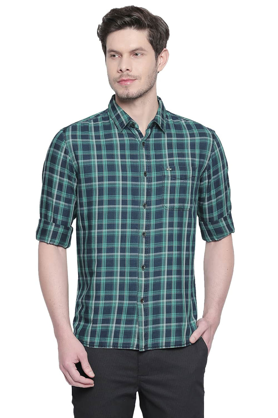 BASICS SLIM FIT SIMPLY GREEN INDIGO CHECKS SHIRT