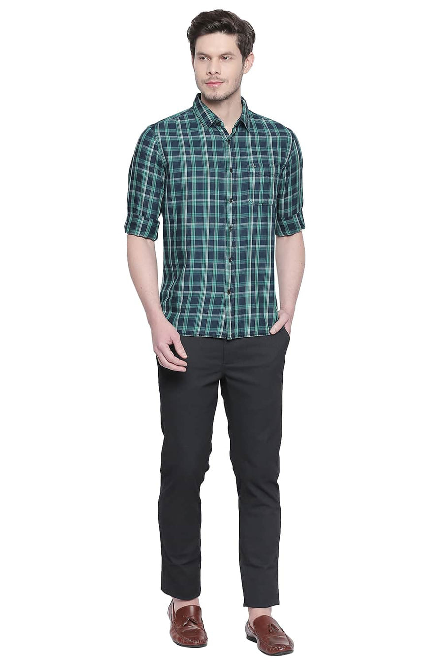 BASICS SLIM FIT SIMPLY GREEN INDIGO CHECKS SHIRT