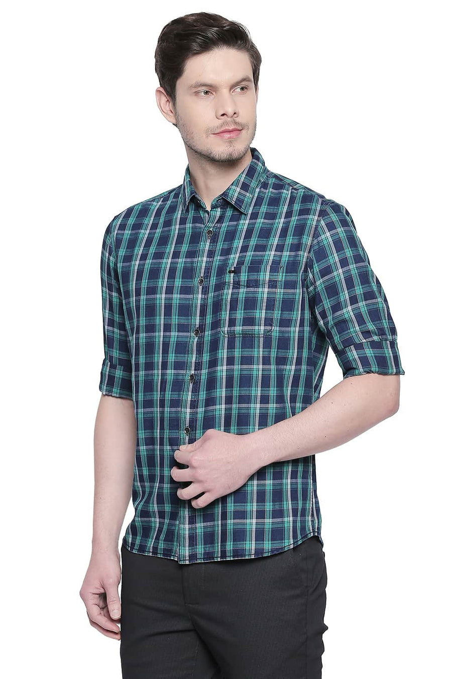 BASICS SLIM FIT SIMPLY GREEN INDIGO CHECKS SHIRT