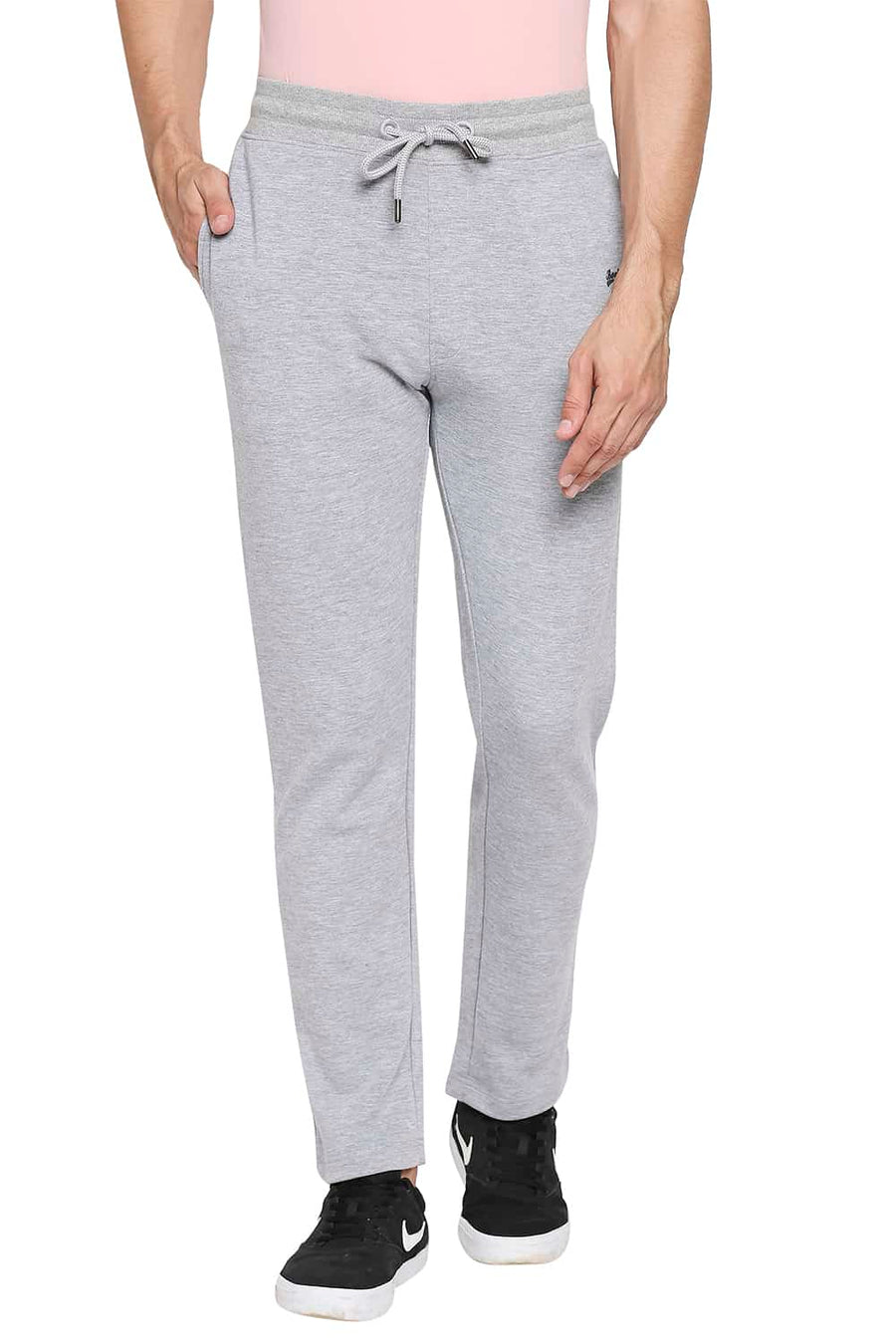 BASICS SLIM FIT GREY MELANGE SOLID TRACK PANTS