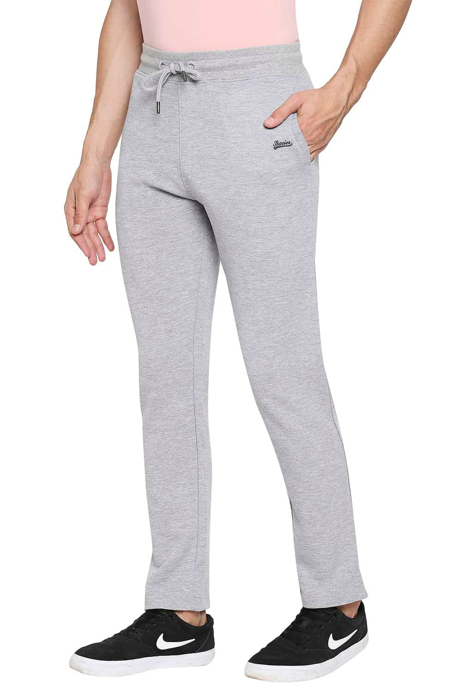 BASICS SLIM FIT GREY MELANGE SOLID TRACK PANTS