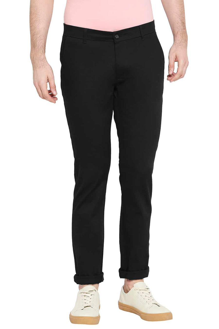 BASICS TAPERED FIT JET SET BLACK STRETCH TROUSERS
