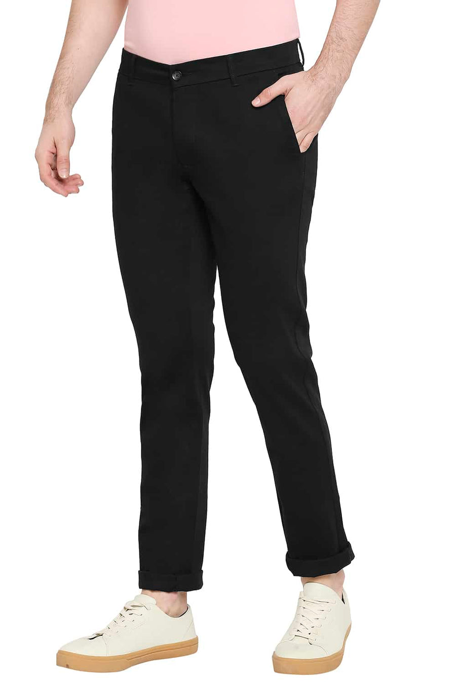 BASICS TAPERED FIT JET SET BLACK STRETCH TROUSERS