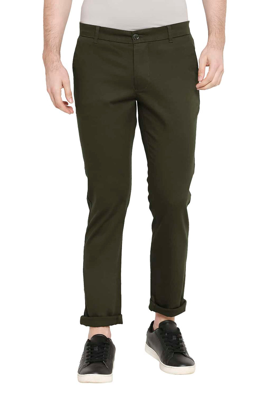 BASICS TAPERED FIT DARK OLIVE STRETCH TROUSERS