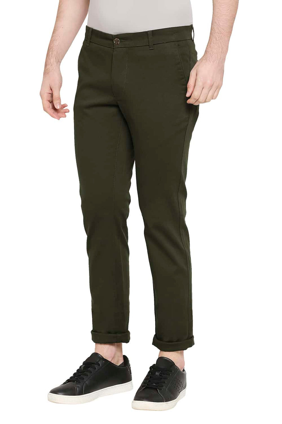 BASICS TAPERED FIT DARK OLIVE STRETCH TROUSERS