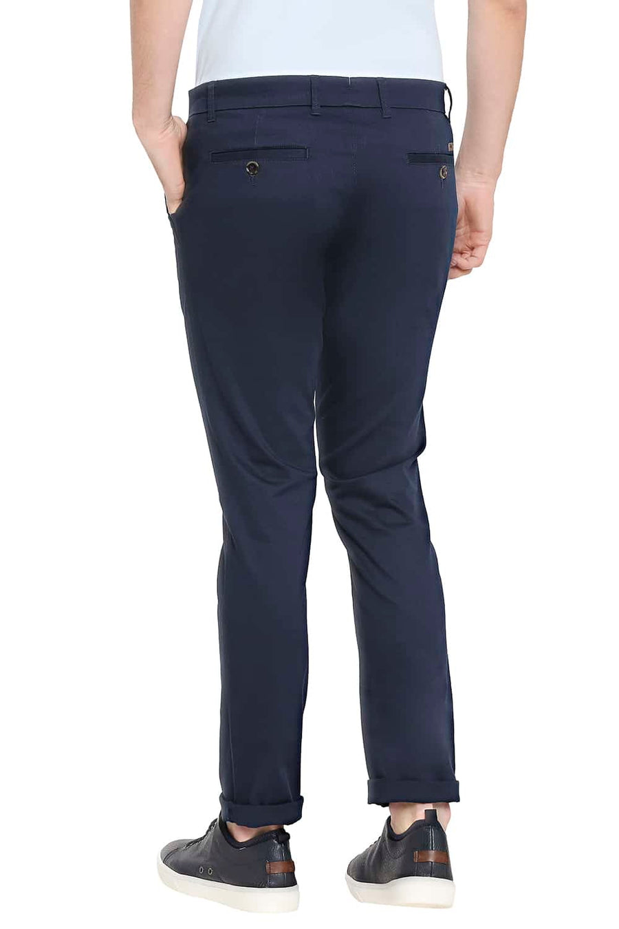 BASICS TAPERED FIT NAVY PEONY STRETCH TROUSERS