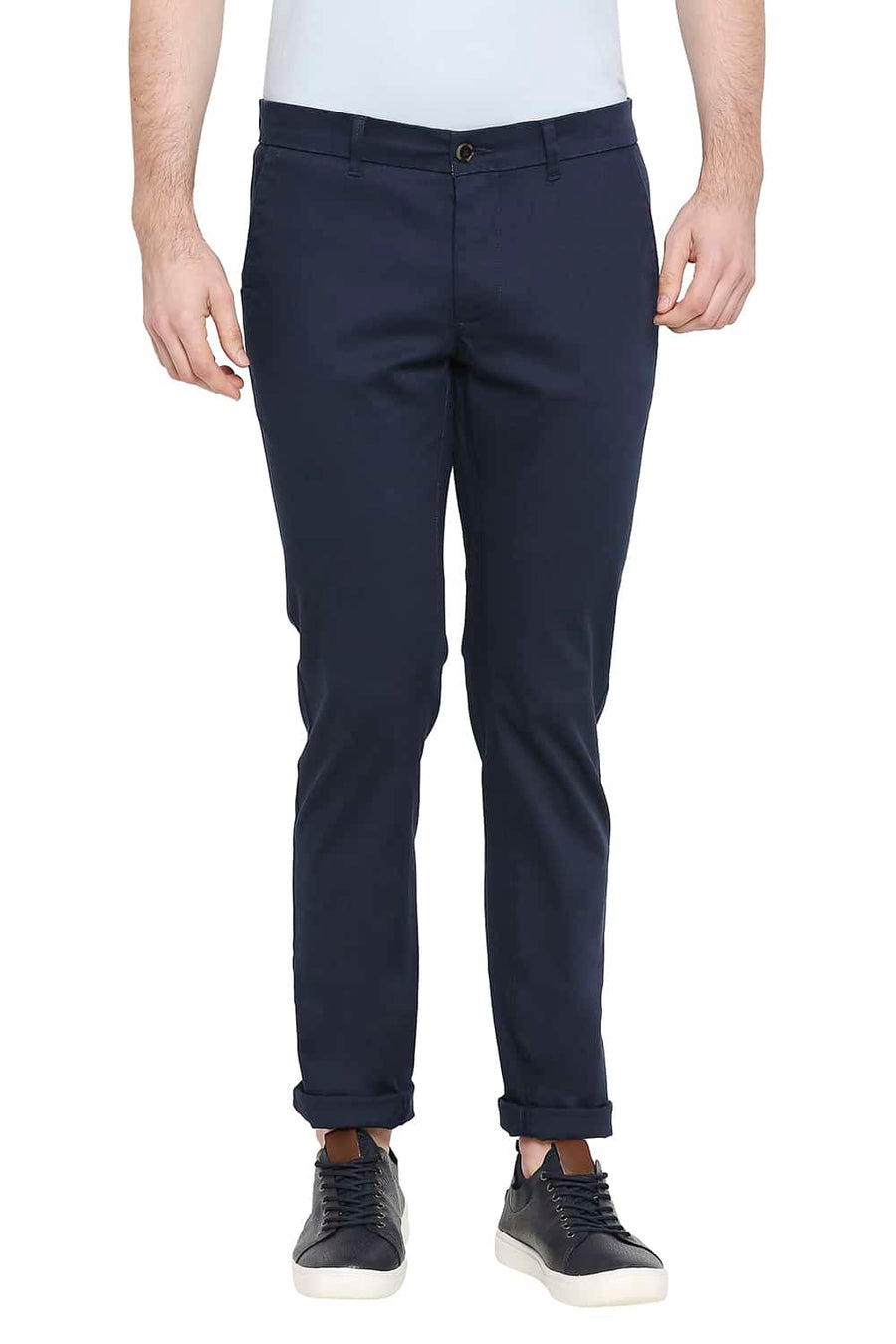 BASICS TAPERED FIT NAVY PEONY STRETCH TROUSERS