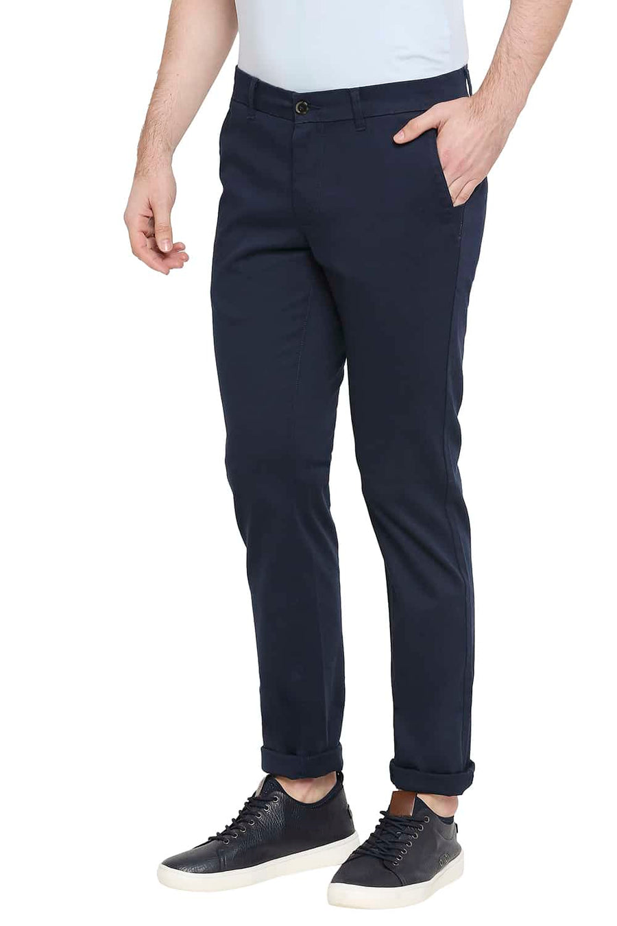BASICS TAPERED FIT NAVY PEONY STRETCH TROUSERS
