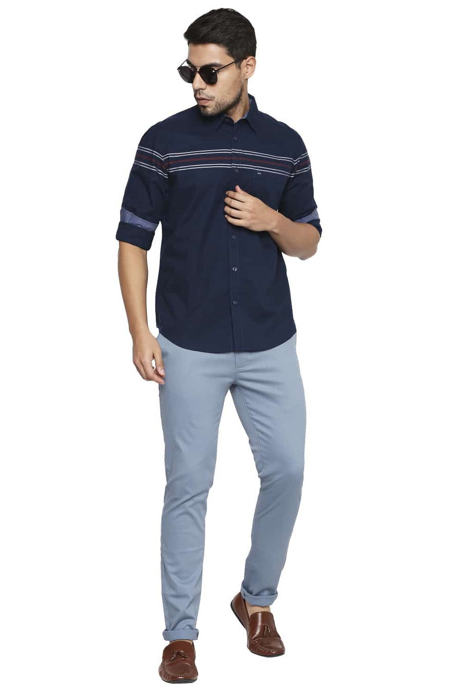 BASICS TAPERED FIT BLUE STONE STRETCH TROUSER