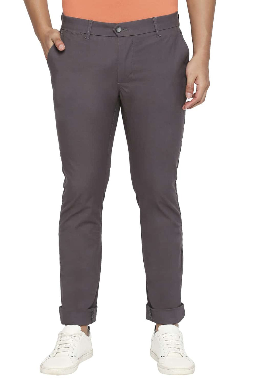 BASICS TAPERED FIT GUNMETAL GREY STRETCH TROUSERS