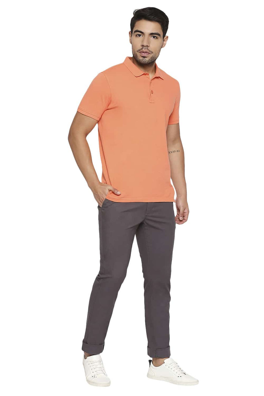 BASICS TAPERED FIT GUNMETAL GREY STRETCH TROUSERS