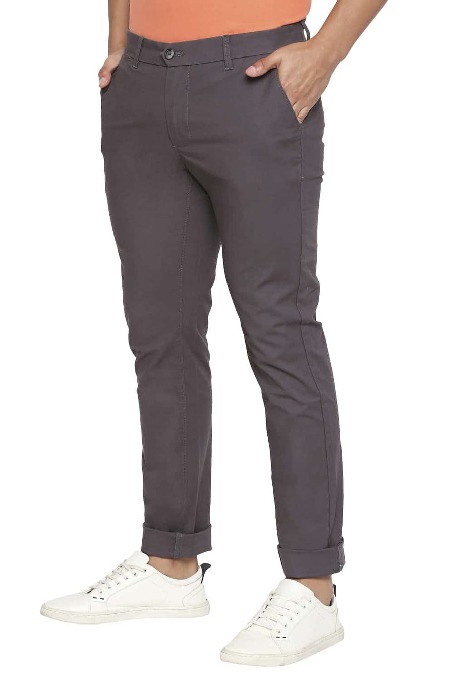 BASICS TAPERED FIT GUNMETAL GREY STRETCH TROUSERS