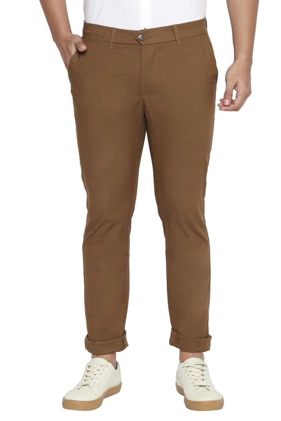BASICS TAPERED FIT BRONZE BROWN STRETCH TROUSERS