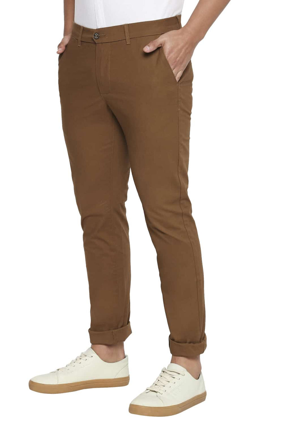 BASICS TAPERED FIT BRONZE BROWN STRETCH TROUSERS