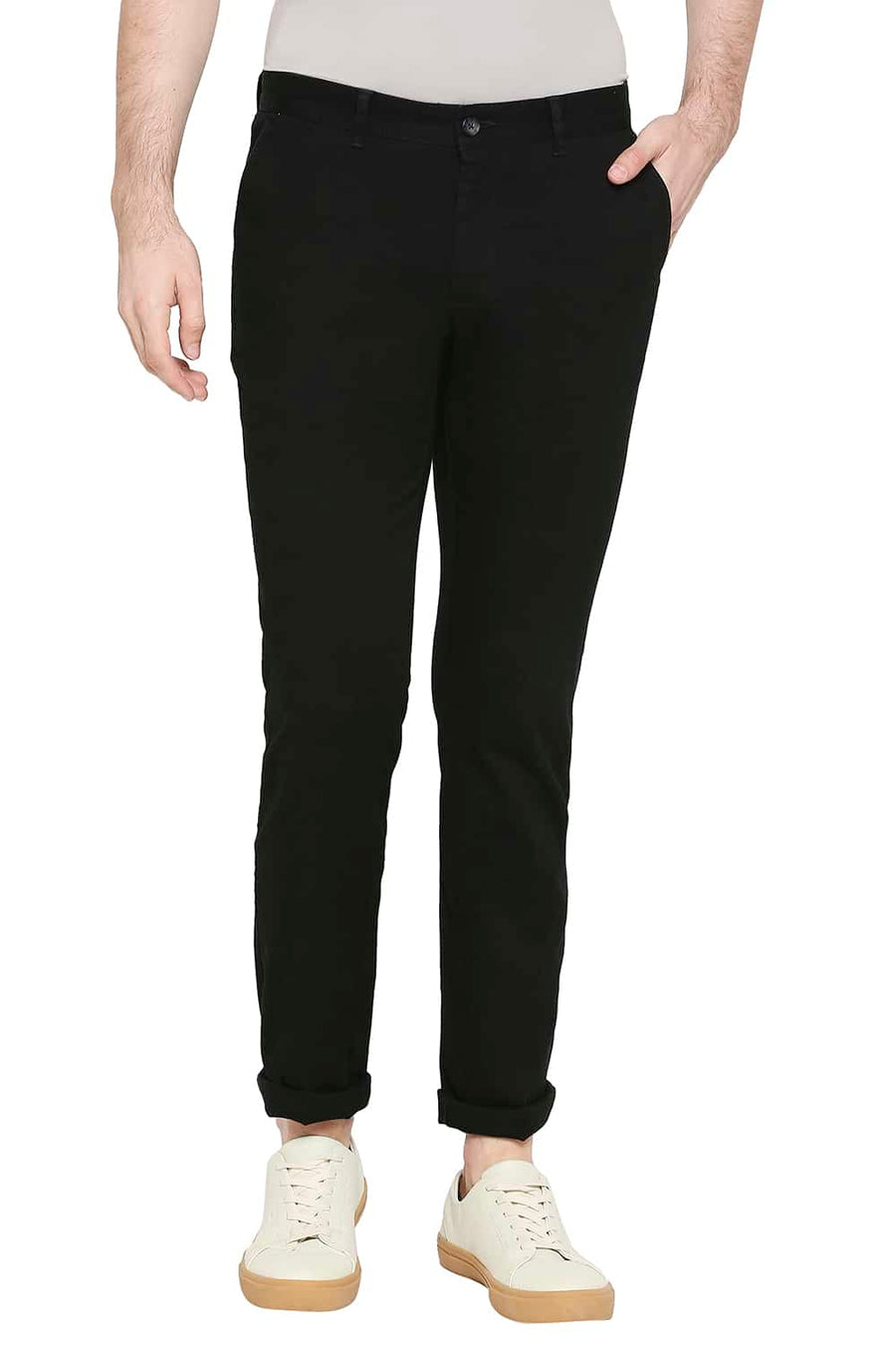 BASICS TAPERED FIT STRETCH LIMO BLACK STRETCH TROUSERS