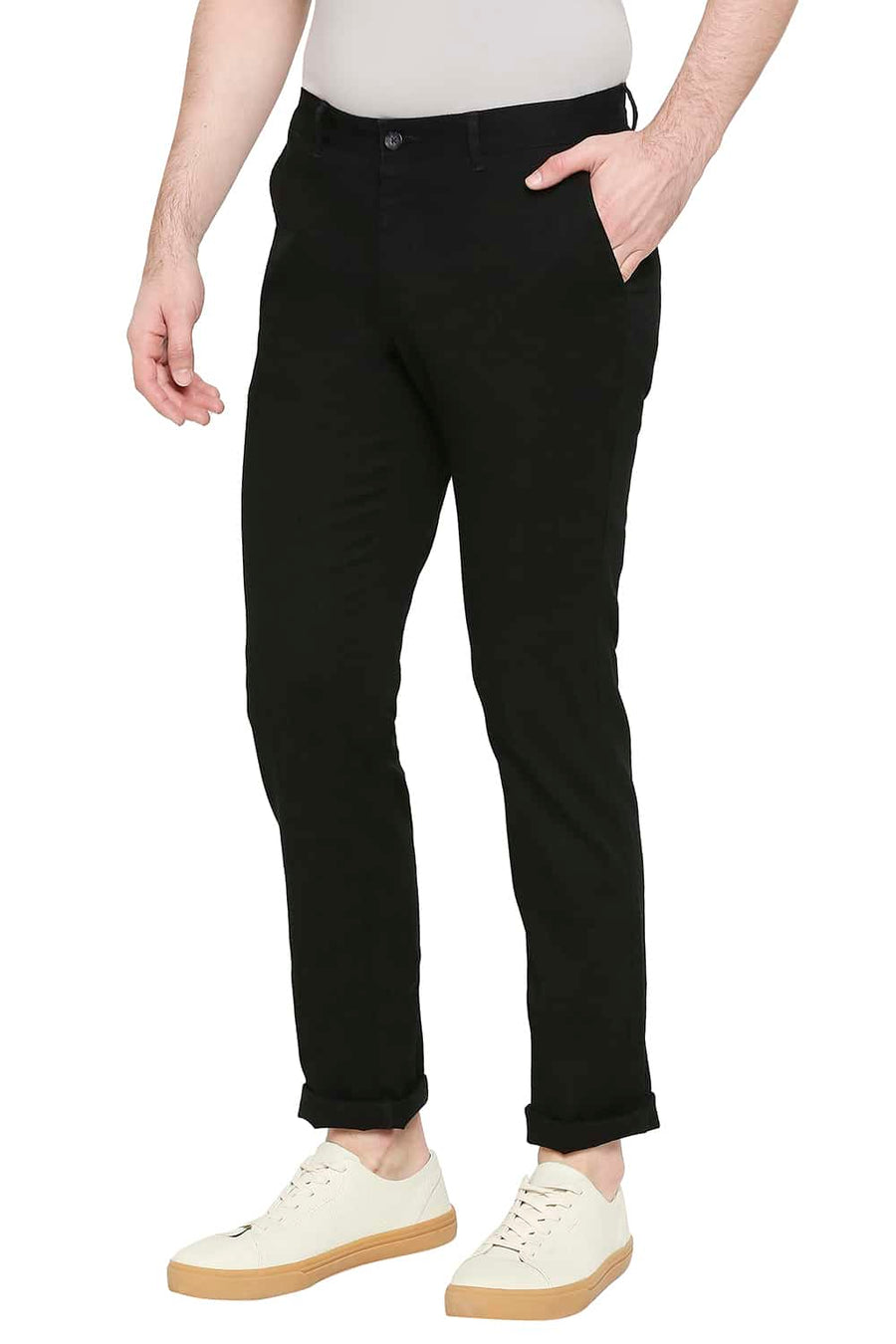 BASICS TAPERED FIT STRETCH LIMO BLACK STRETCH TROUSERS