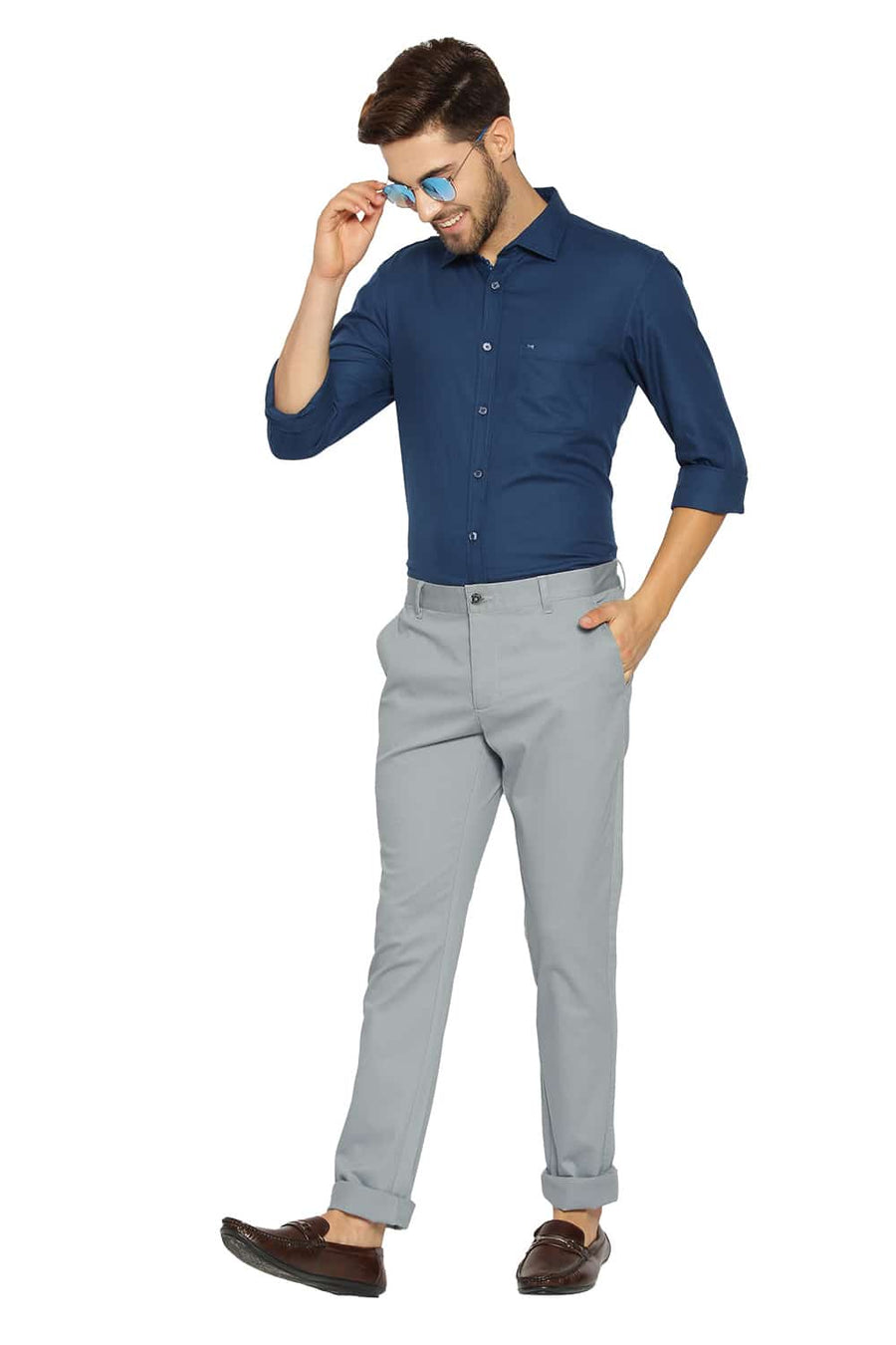 BASICS TAPERED FIT SLATE BLUE STRETCH TROUSERS
