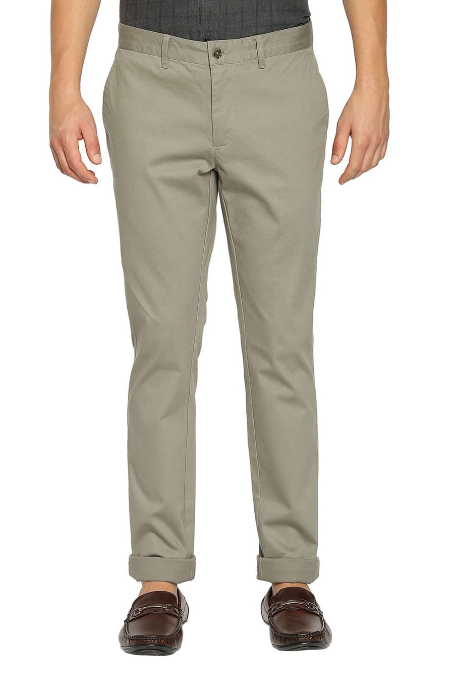BASICS TAPERED FIT VETIVER GREEN STRETCH TROUSERS