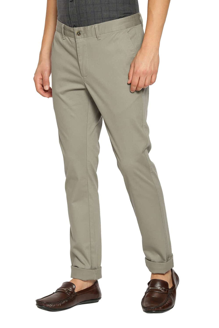 BASICS TAPERED FIT VETIVER GREEN STRETCH TROUSERS