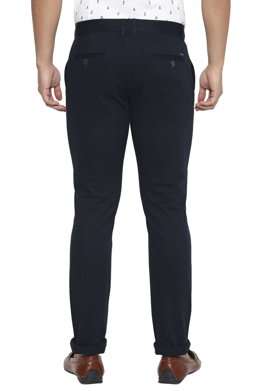 BASICS TAPERED FIT REFLECTING POND NAVY STRETCH TROUSER