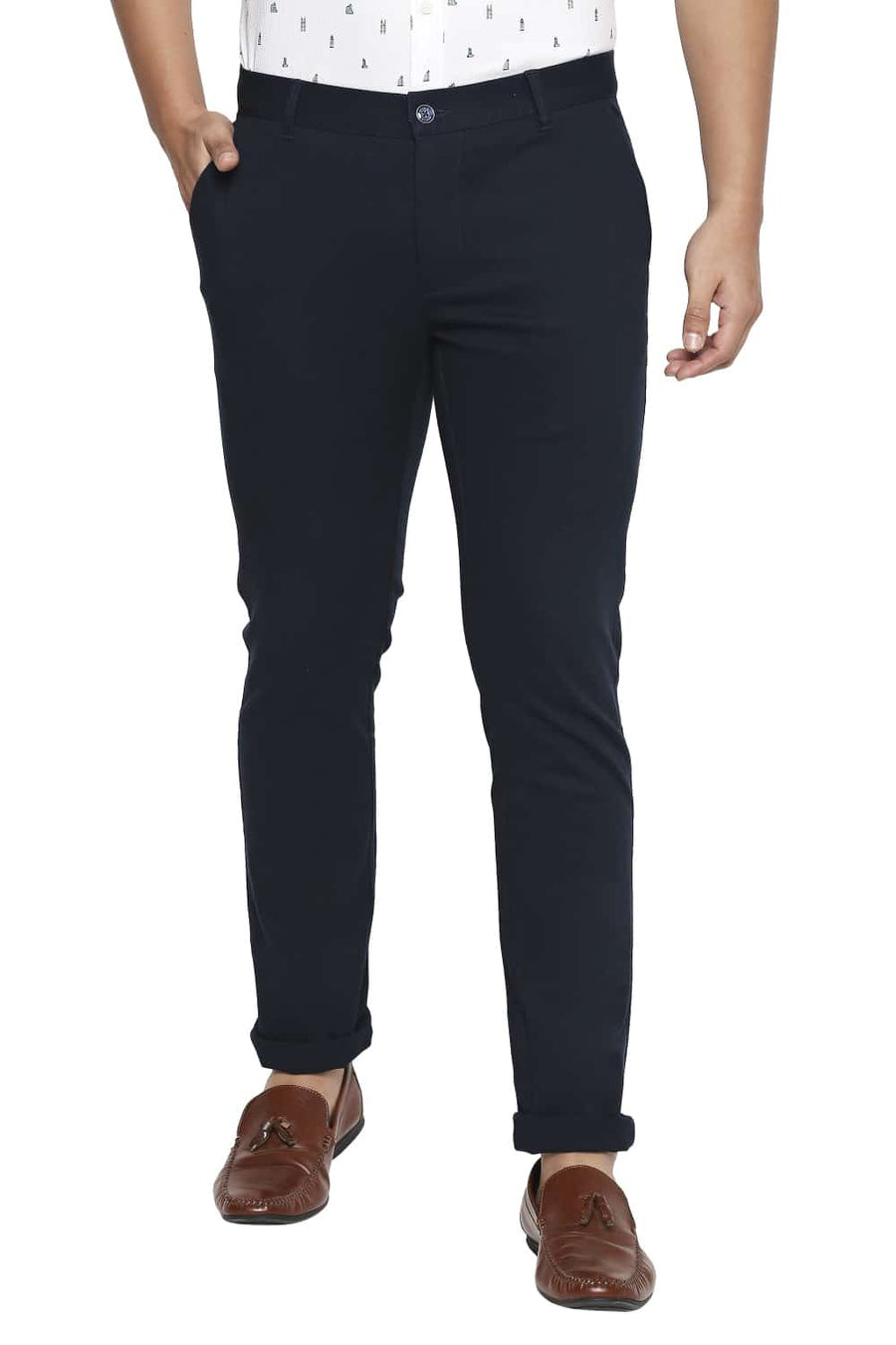 BASICS TAPERED FIT REFLECTING POND NAVY STRETCH TROUSER