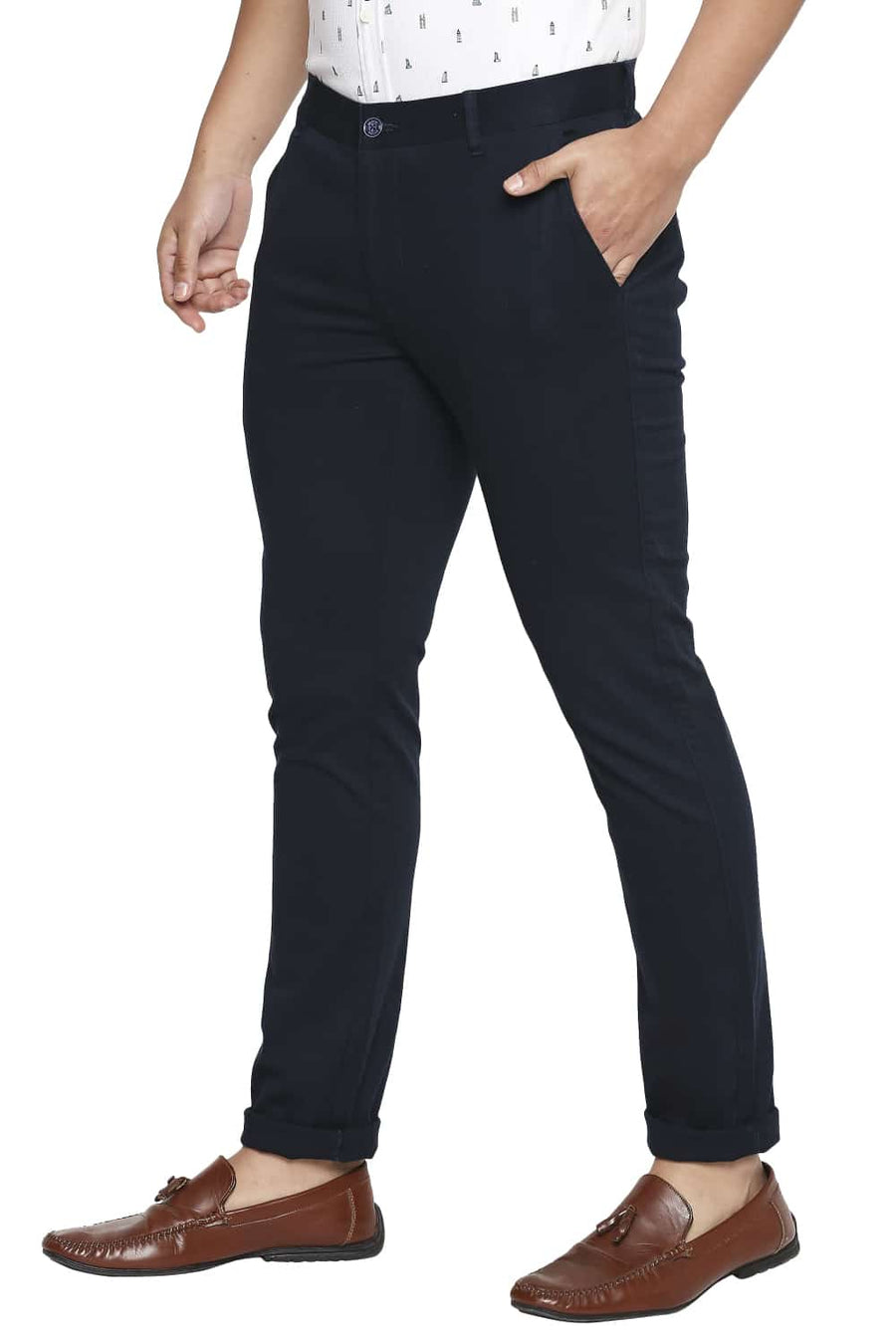 BASICS TAPERED FIT REFLECTING POND NAVY STRETCH TROUSER