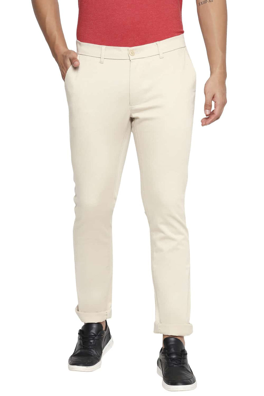 BASICS TAPERED FIT PARCHMENT STONE STRETCH TROUSER